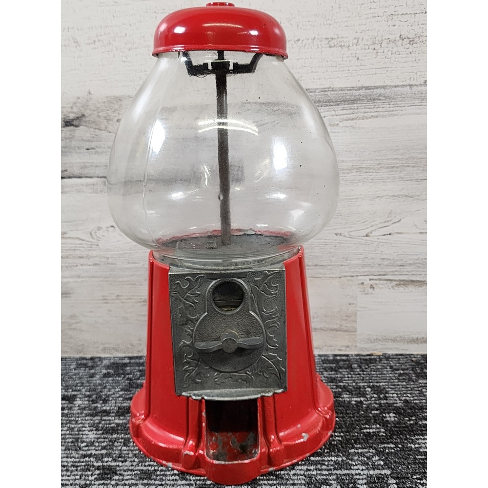 Vintage Cast Iron Gumball Machine Red Candy Dispenser Glass Globe Made in USA